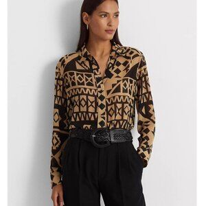 Lauren Ralph Lauren Buttoned Geometric Print Georgette Top Tan & Black Sheer XL